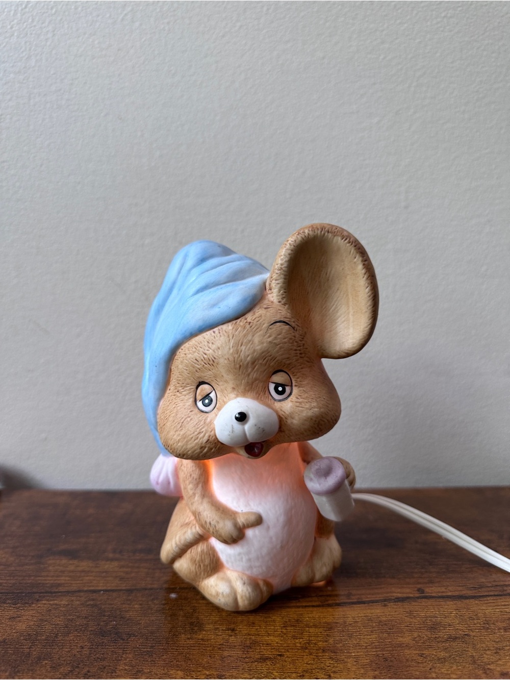 Vintage Josef Originals Sleepy Baby Mouse Ceramic Night Light Lamp Blue Hat 6"